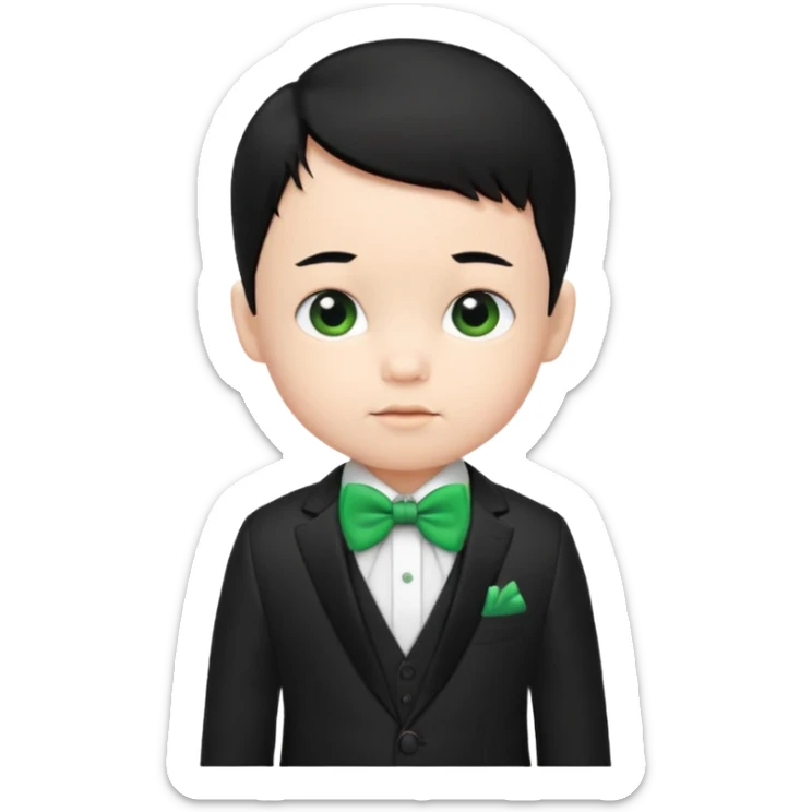 baby boy black hair white skin in suit, with green bow sticker