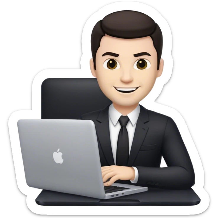 memoji of a white male realtor with a laptop in front, modern, dark hair, evil smile sticker