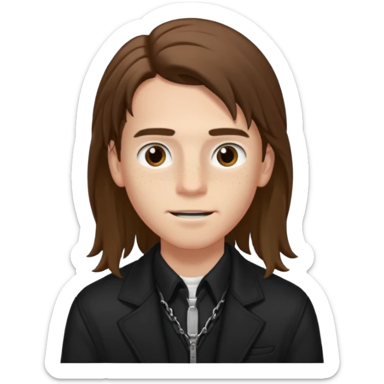 Un chico con pelo largo, que le llegue hasta las cejas, tiene pecas, brackets, ojos cafés oscuros y con una chaqueta negra sticker