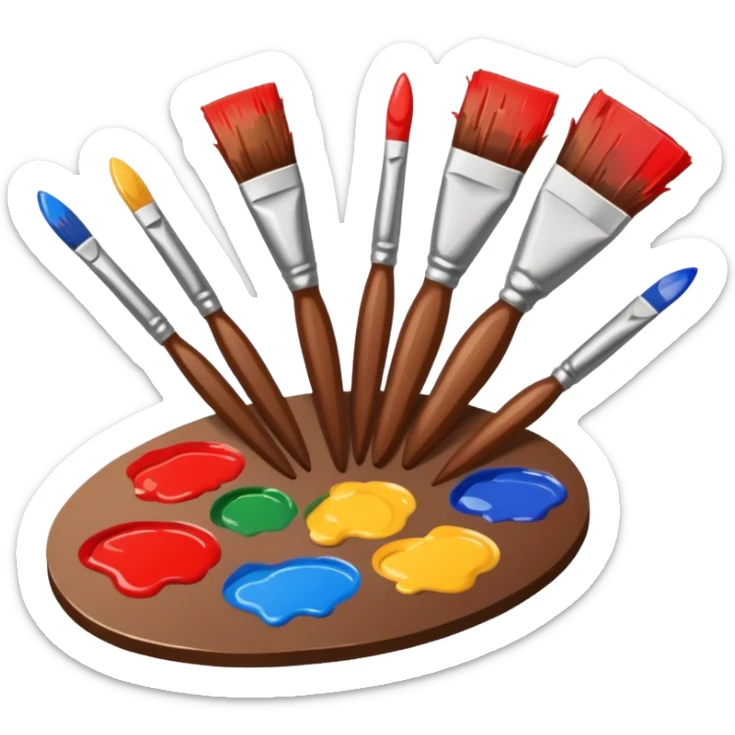 STICKER PINCEAUX ROUGE ET BRUN AVEC PALETTE DE PEINTURE ET TACHE DE PEINTURE sticker