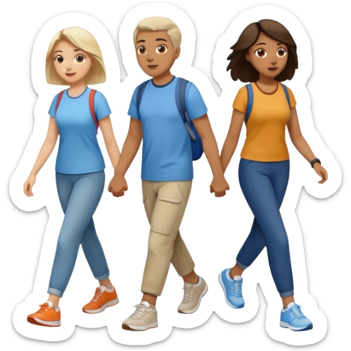iOS emoji style - a men and 2 women in casual clothes and wearing trainers. Walking in the same direction quickly together. 
Not holding hands. 
 sticker