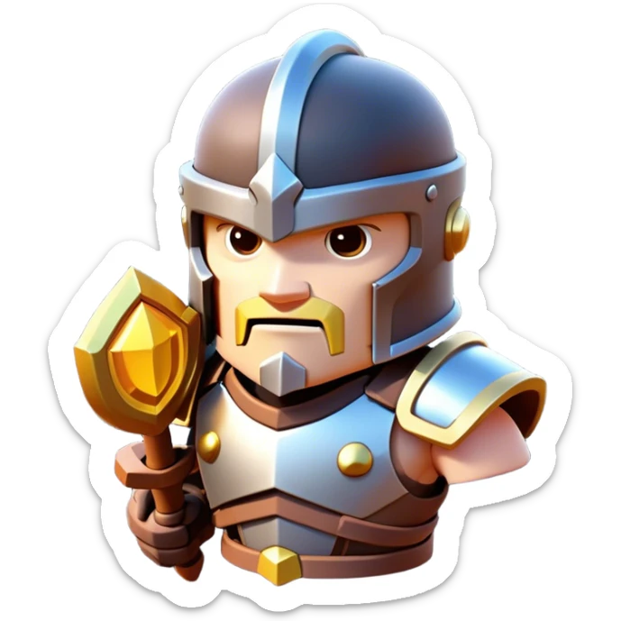 Clash of Clans aesthetic: Cinematic Playful 3D Isometric Armor Portrait Emoji, rendered in a 3D vector-style similar to standard emojis with minimal shading and bold, simplified shapes. A compact, distinct form with signature details, softly glowing with a fantasy RPG magic charm. Simplified yet unmistakably iconic, highly detailed and consistent, glowing with a soft radiance and high shine. Stylized with a touch of heroic grandeur and a soft glowing outline, capturing the essence of a beloved gaming relic with a friendly, playful manner! sticker