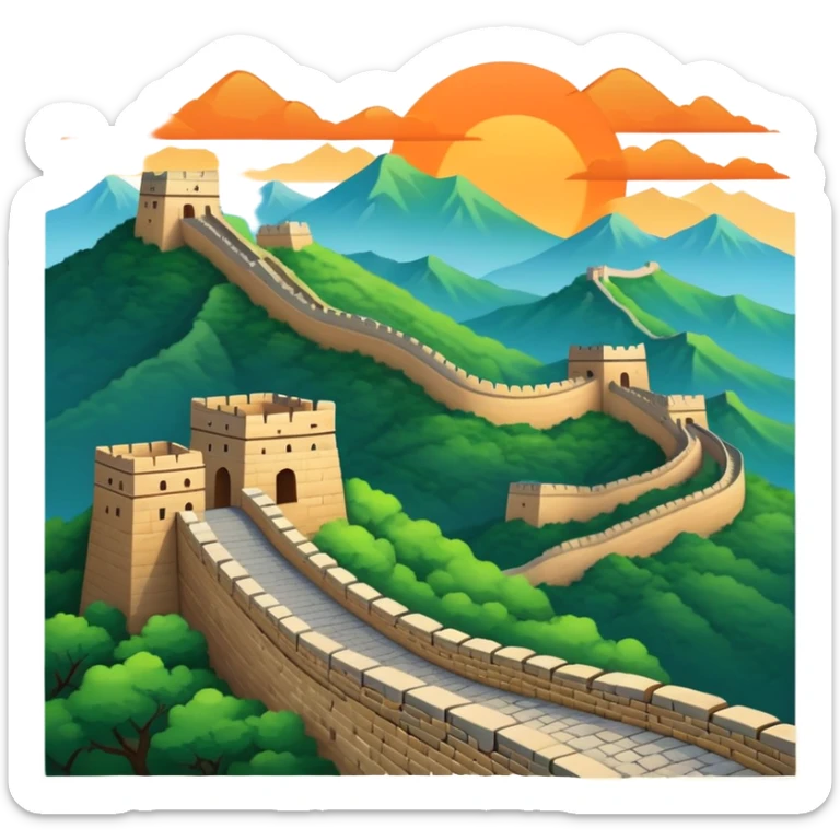 Great Wall of China, simplified emoji style with bold outlines and bright colors, cartoon style ancient wall on mountains sticker