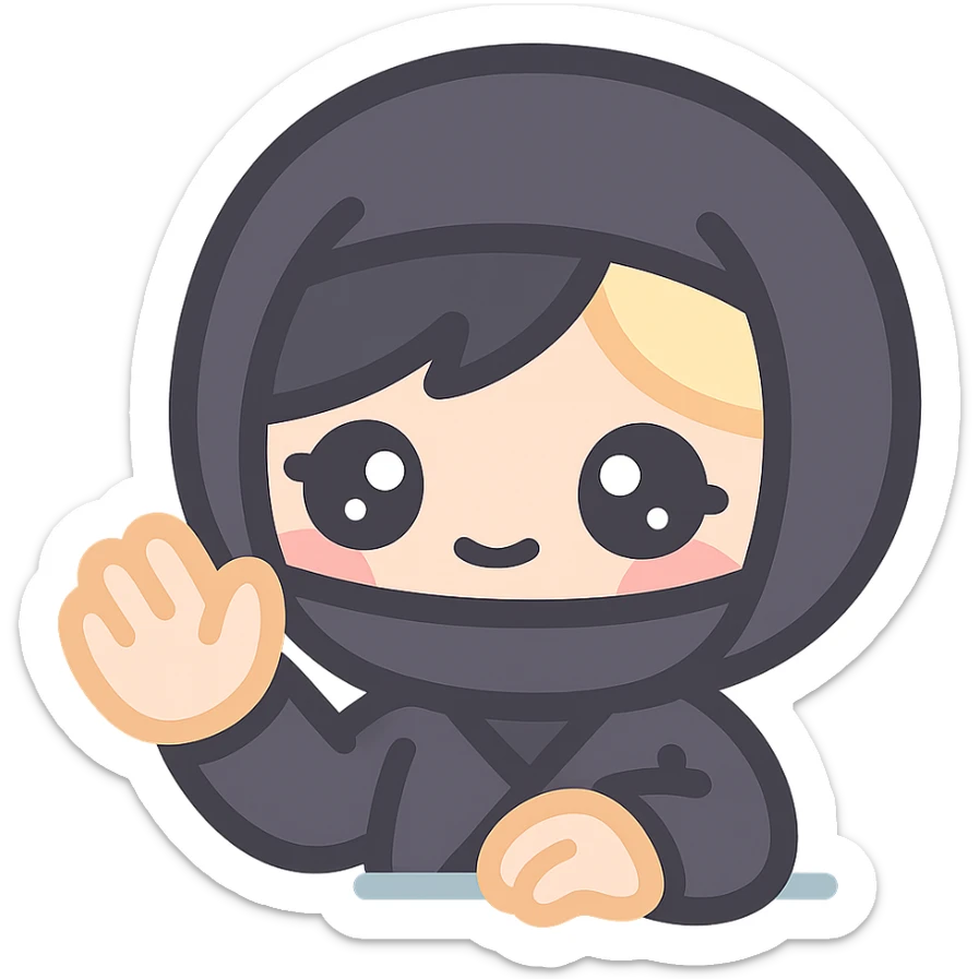 Make the art style more anime: kawaii chibi ninja girl with black short hair and a blonde streak, only head and arms, big sparkling anime eyes, rounder face, small mouth, soft shading, pastel colors, clean outlines, transparent background, no mask, hand halfway up, smiling, sized for Twitch emoji use. sticker