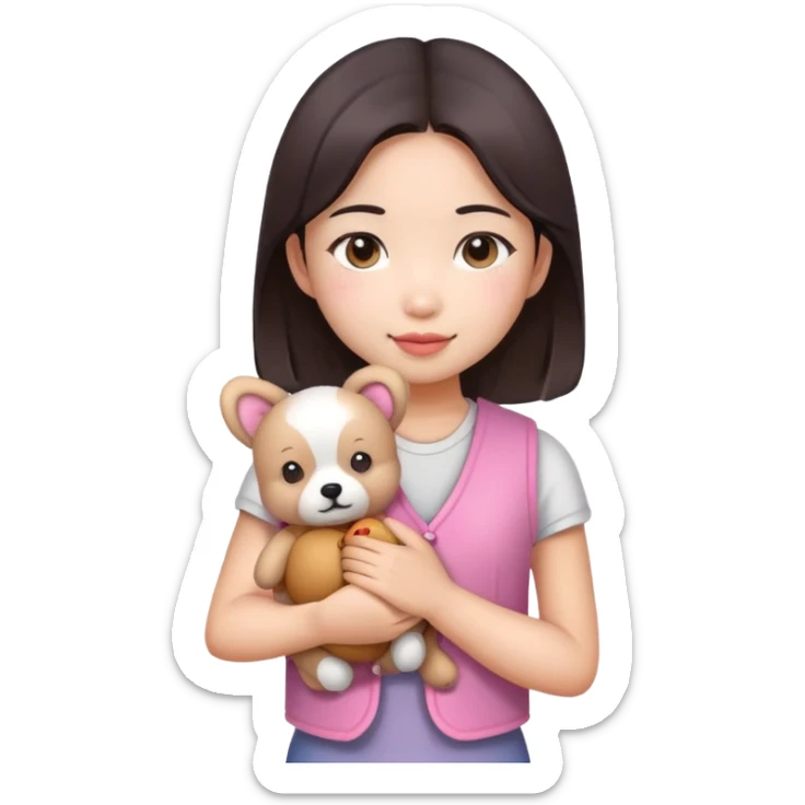 A beautiful Asian girl, fair complexion, wearing a pink vest, holding a little teddy dog in her arms sticker