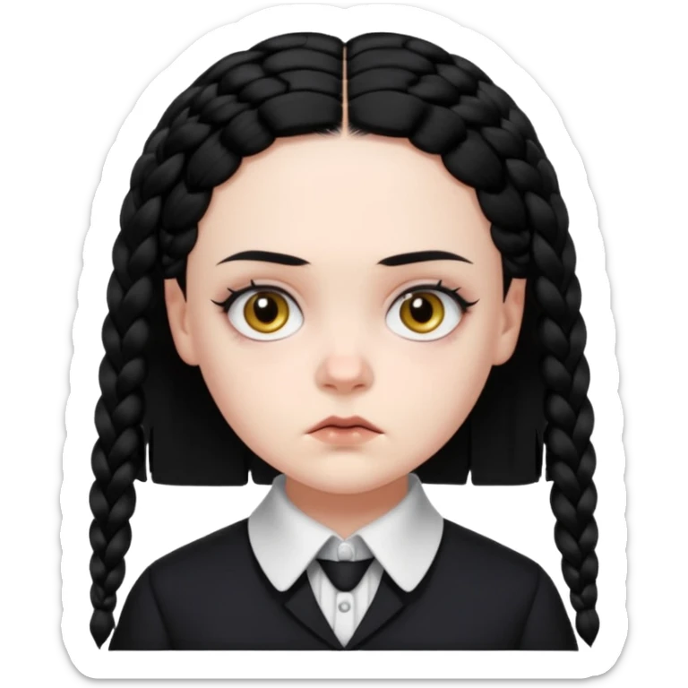 Draw Wednesday Addams (Jenna Ortega) with pale skin, black braids, dark uniform, white collar & intense stare. sticker