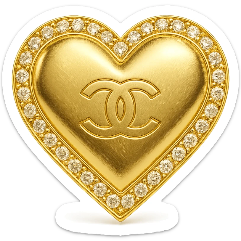 Chanel heart in metallic gold style with a diamond-studded outline, ultra-luxury sticker
