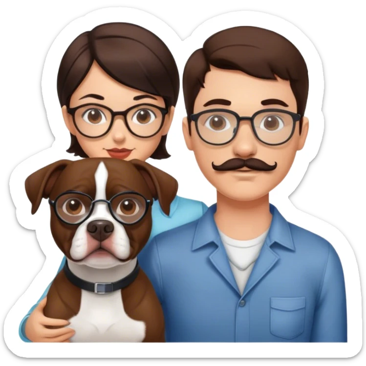 young couple brunette man w wire glasses and mustache and brunette girl with bob and a brown pitbull boston terrier  sticker