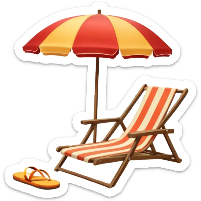 Icon for Beach Tourism: a sunny beach with the sea and waves, a lounge chair, a sun umbrella, and flip-flops on the sandy shore. The background should be a clear, vibrant ocean view with the sun shining brightly. Transparent background. sticker