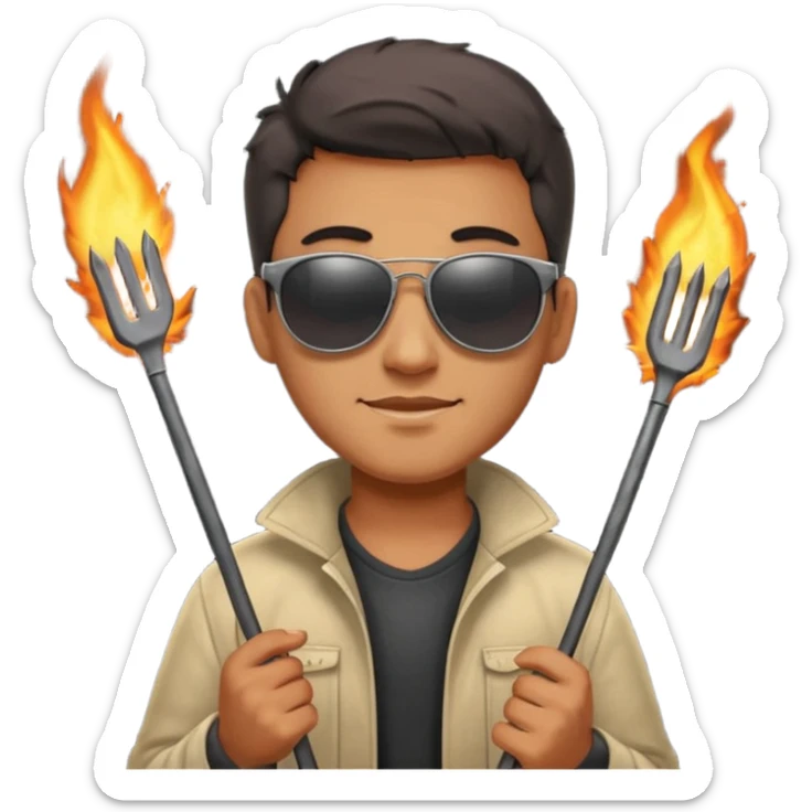 A guy in sunglasses holding tongs, proudly turning skewers over glowing charcoal. sticker
