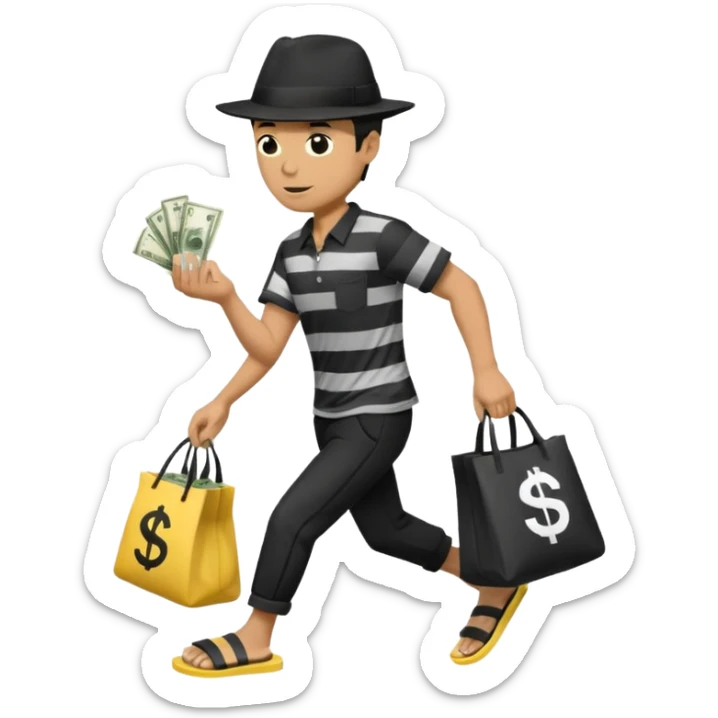 Make a man wear a black pant and he shirt is balck line and white line and wear a black hat and he holding a money bag and he running he wear a black eye thing no money in the Left hand and he yellow and the money bag in the right he wear a flip flop like this is Money bag 💰 NO MONEY sticker