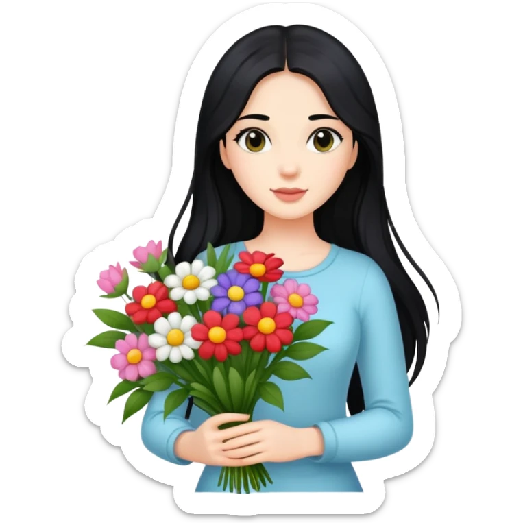 Beautiful girl with long black hair holding a bouquet of flowers sticker