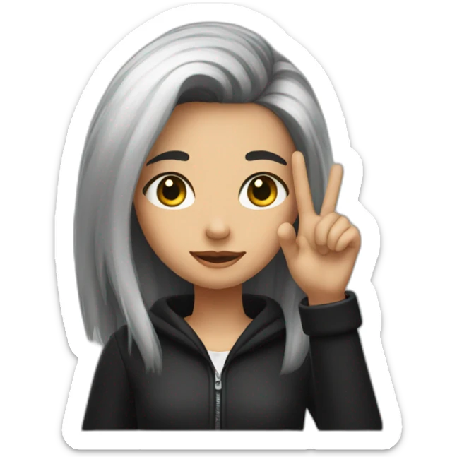 A girl with black and white hair puts her finger on her head sticker