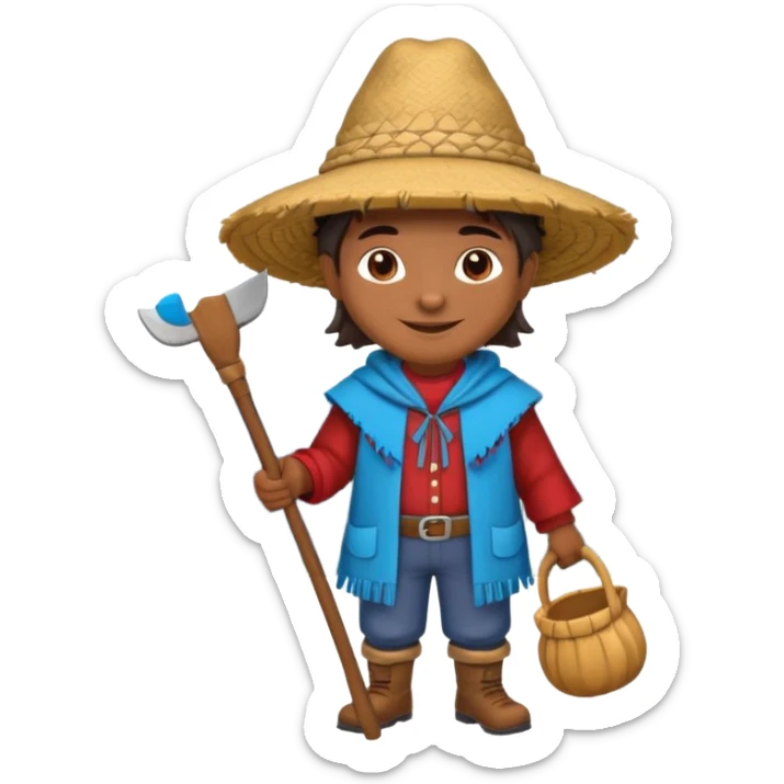 3D emoji style illustration of a Peruvian Andean farmer, wearing traditional chullo hat and poncho, holding a hoe, smiling, mountains in background, bright natural colors, bold outlines, glossy sticker style, transparent background sticker