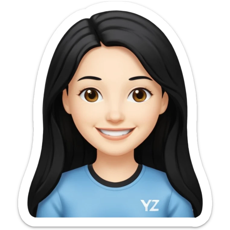 white adult woman in a y2k outfit, long black hair, smiling sticker