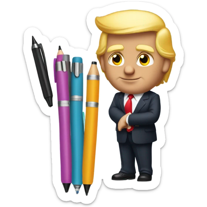 Donald trump wearing a suit with 6 pens in his suit pocket, and a pen in both hands sticker