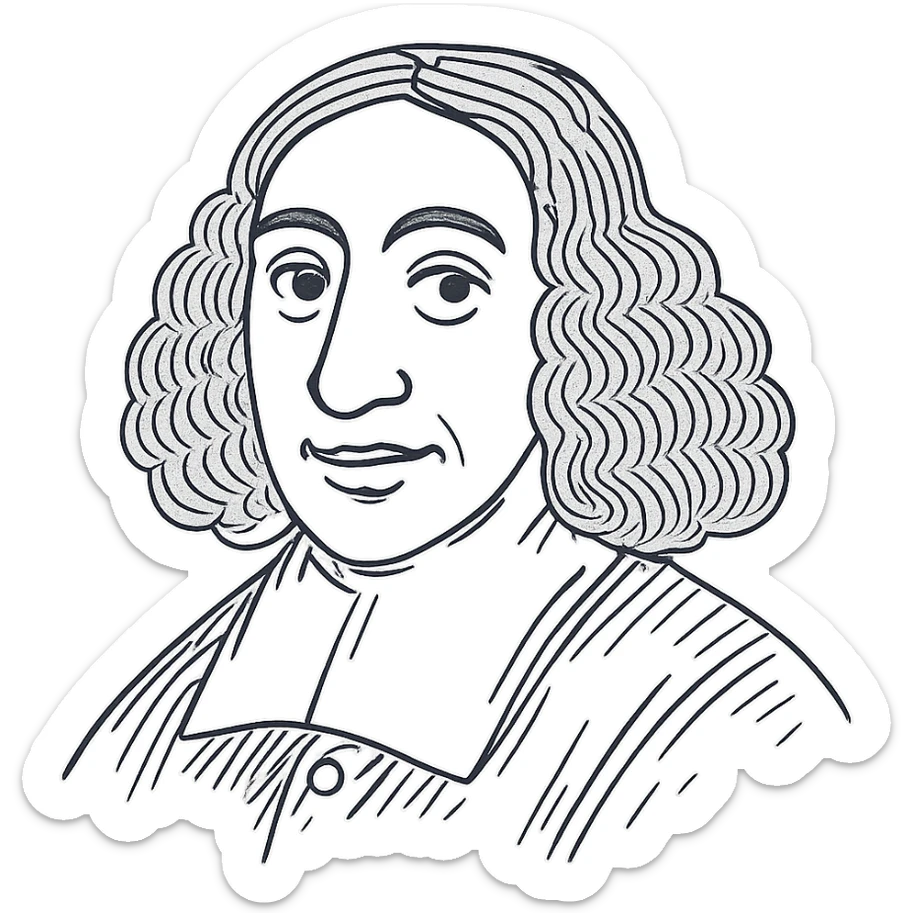 Add a bit more strokes to the Spinoza black outline icon to increase the hand-drawn character detail, keeping it clean and not overly busy. Maintain refined facial features, long curly hair, 17th-century collar, and even eyes. Transparent background. sticker
