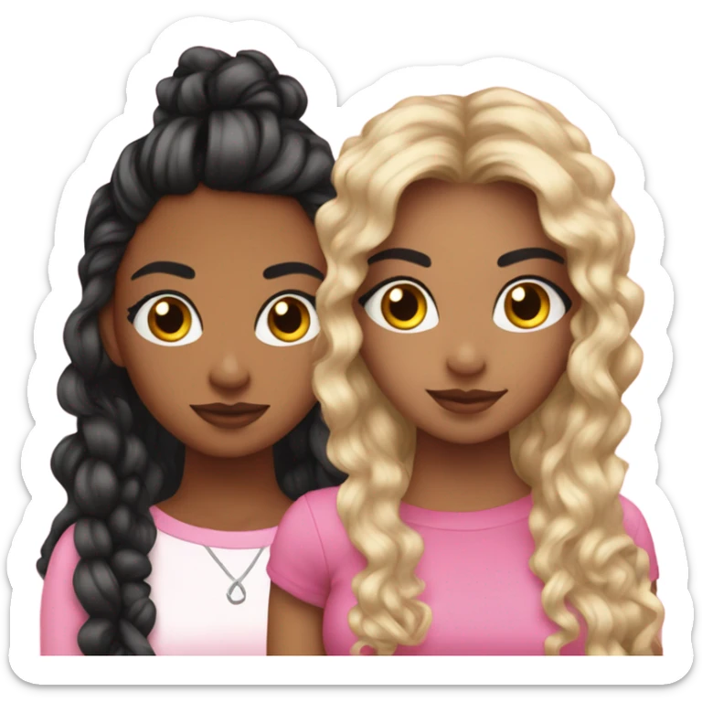two teenage aesthetic  Latina best friends wearing pink. Long hair. One curly hair and one straight hair. Boujie classy outfits sticker