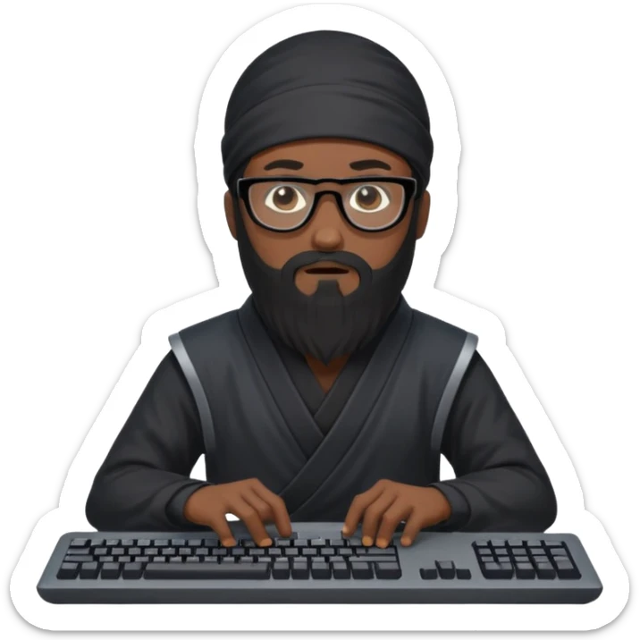 Man with black hair and beard wearing glasses in a ninja costume. Keep the top left version, make the beard longer and add a computer keyboard  sticker