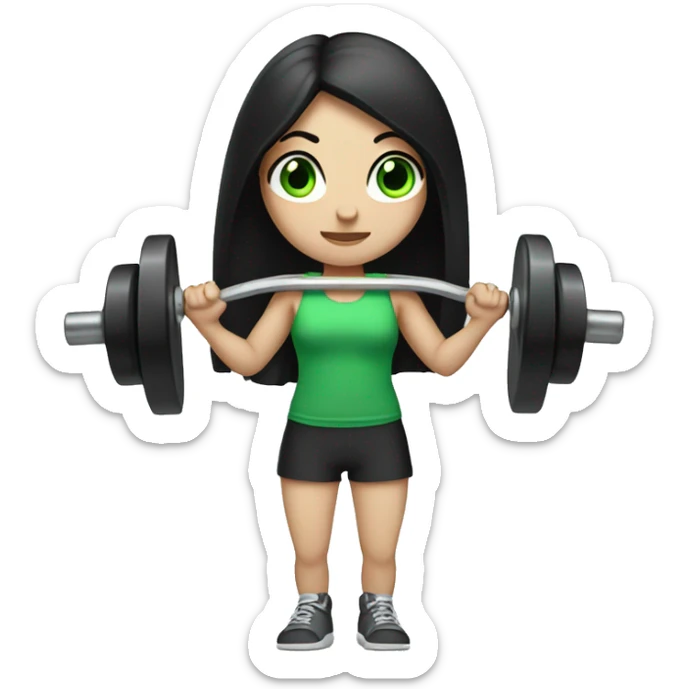 Pale girl with long black hair and green eyes lifting weights sticker
