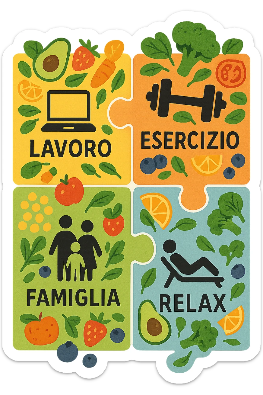 Puzzle (Lavoro, Esercizio, Famiglia, Relax), in lavoro metti icona di un PC, in Esercizio un Manubrio, in Famiglia una famiglia, in Relax qualcuno che riposa and healthy foods are integrated into each piece. in italiano sticker