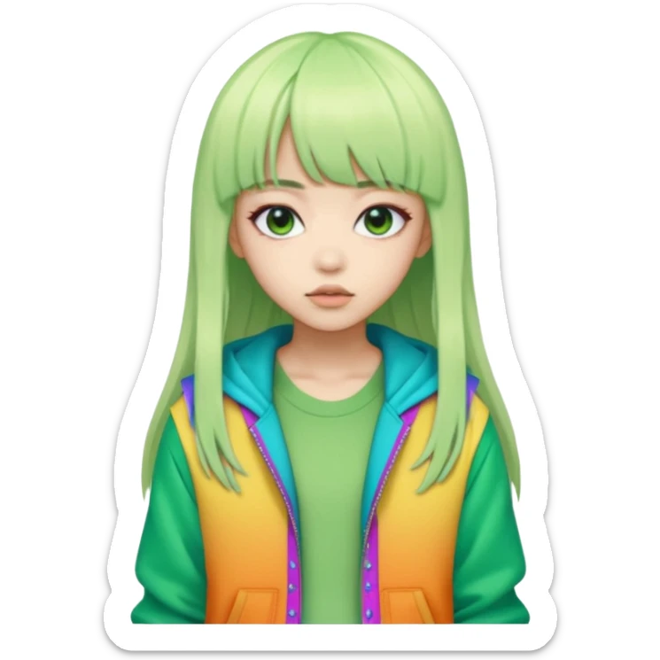  portrait-of-a-green skin alien-k-pop-idol,-wearing-a-stylish-streetwear-outfit-with-layered-colorful-clothing,-long-hair-with-bangs,-makeup,- sticker