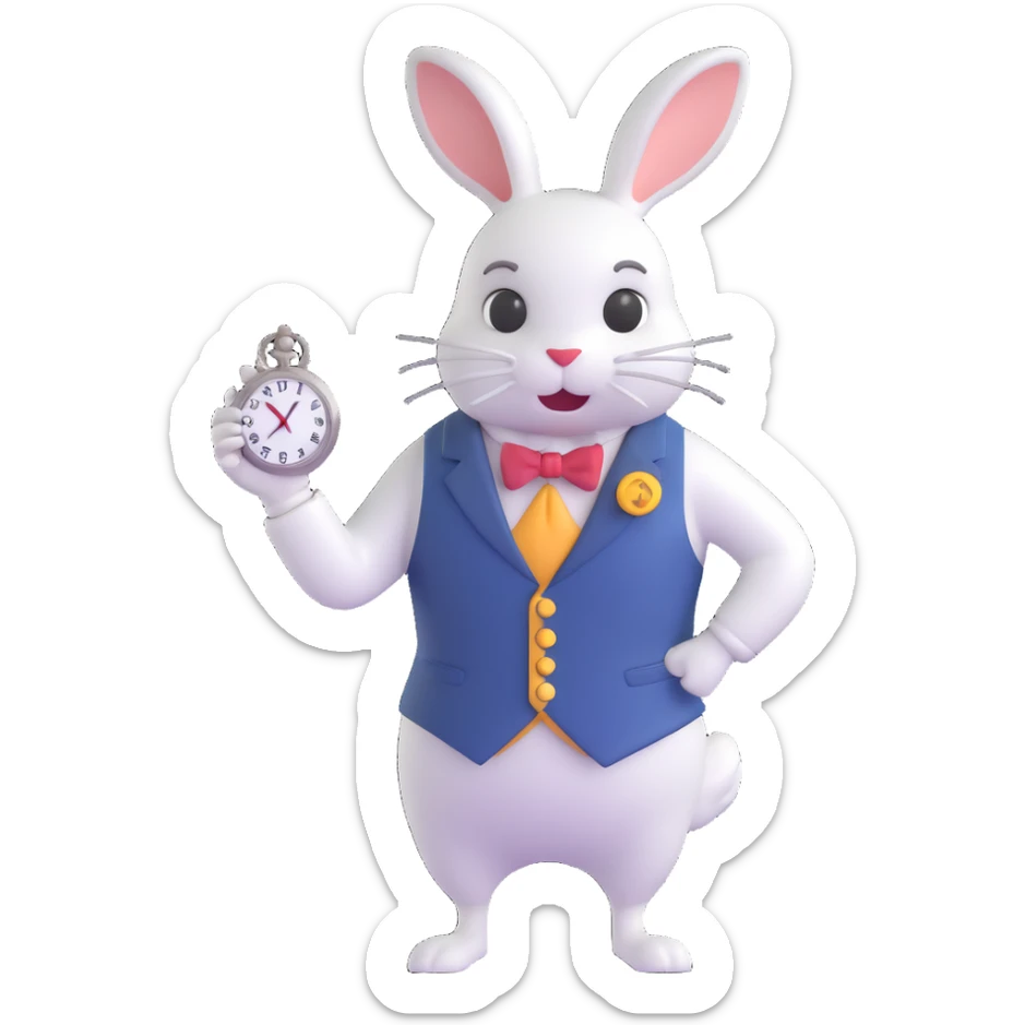 Alice in Wonderland white rabbit with pocket watch, hurried and whimsical, simple and charming emoji style sticker