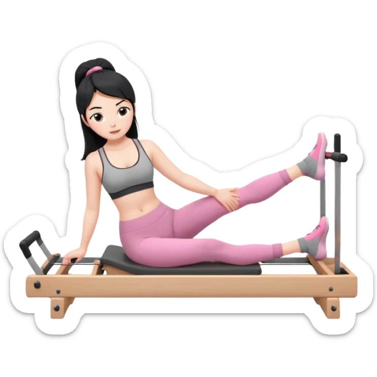 Create a Pilates emoji: a girl with fair skin and black hair, wearing a grey bra and grey leggings with pink pilates socks, doing sitted stomach massage on a wooden reformer and not looking at the camera. Make the colors neutrals. sticker