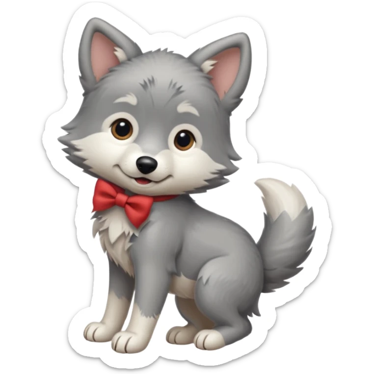 an animated gif-style sticker emote of a wolf puppy in a play bow wagging its tail in a smooth, natural arc over its back  sticker