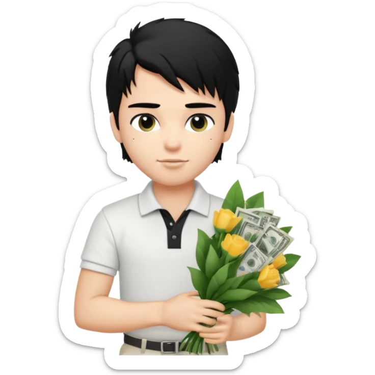 generate a pretty fair bratz boy with a messy mullet (black hair), wearing a white polo.  carrying a bouquet made of CASH. expensive car behind him sticker