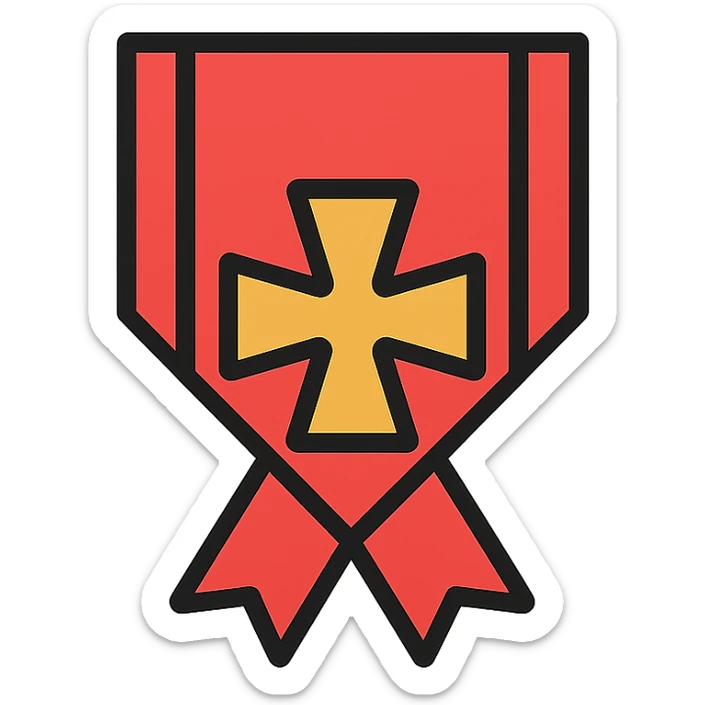 icon of an order ribbon with red band and golden Balkenkreuz, 64x64 pixels, clear and recognizable, icon style sticker