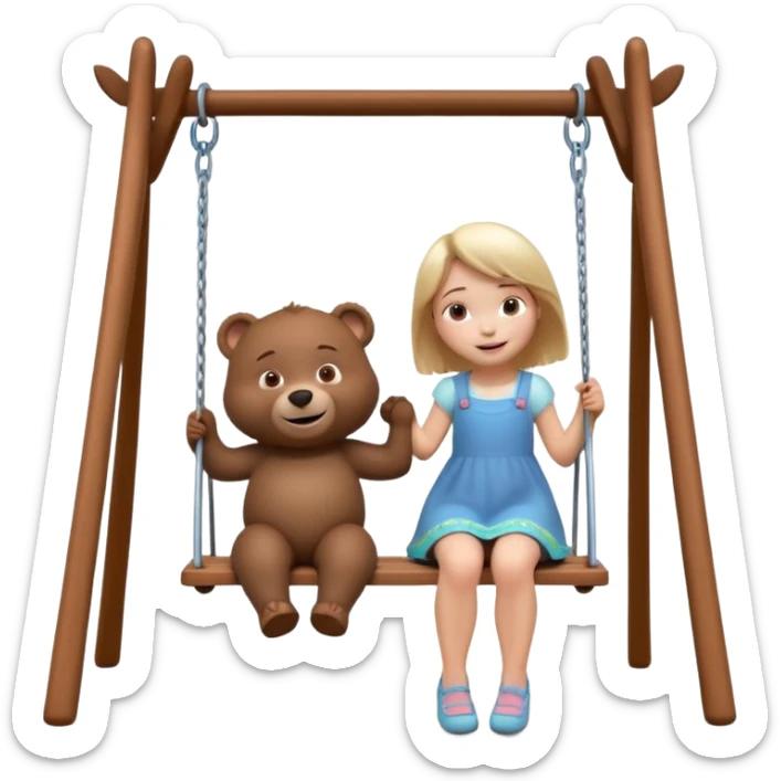 Create a 3D animated scene in the style of a children's cartoon. A small girl similar to Masha is sitting on a swing, smiling happily. A big friendly bear stands behind her gently pushing the swing. Bright colorful forest background, soft lighting, warm and playful mood." sticker