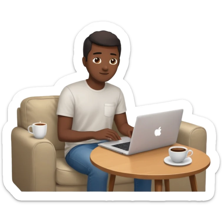 Père noël développeur de teint noir, assis dans un coin cosy de son salon un week-end, ordinateur portable ouvert affichant du code. Lumière naturelle douce, ambiance calme. Habillé simplement (t-shirt clair, jean ou short), tasse de café/thé à côté. sticker