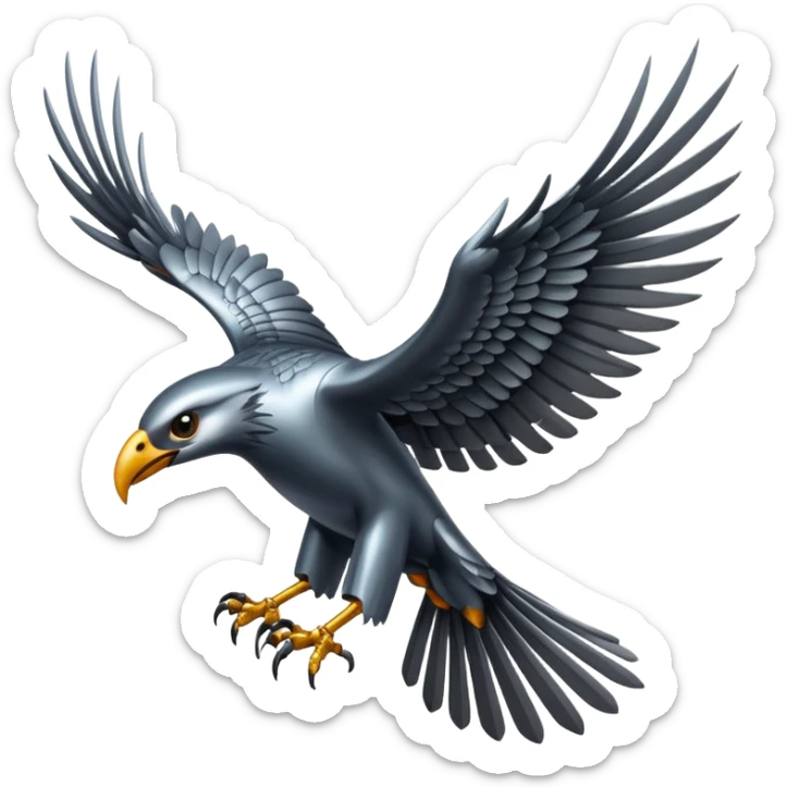 Emoji-style icon of a large metallic predatory bird flying, sharp wings, steel texture, dramatic pose, dark background sticker