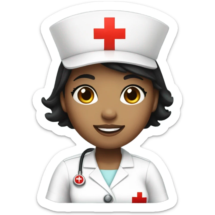 pixie cut black straight hair female nurse  hat with red cross sign in the middle wearing dress
pale skin color sticker