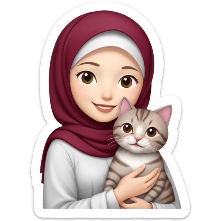 Asian white girl wearing  maroon hijab with white dress holding a black grey tabby cat while smiling sticker