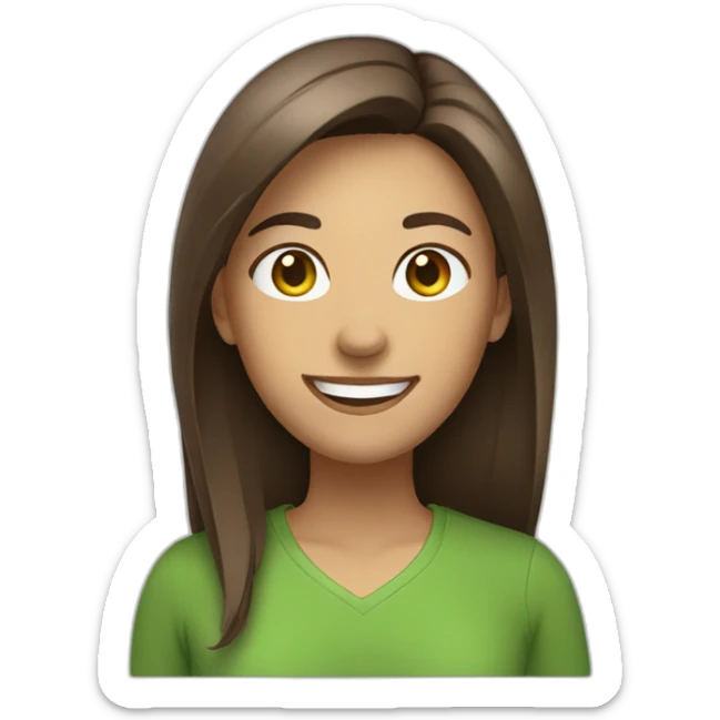 Woman with straight brown hair, big smile, green shirt sticker