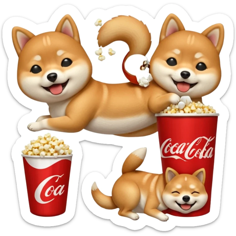 fais moi 20 emoji avec differente reaction avec un shiba inu, qui est mdr, qui pleure, qui mange, qui se roule, qui saute, qui mange du pop corn, qui boit un coca, qui dort les 4 pattes en l'air, et d'autre sticker