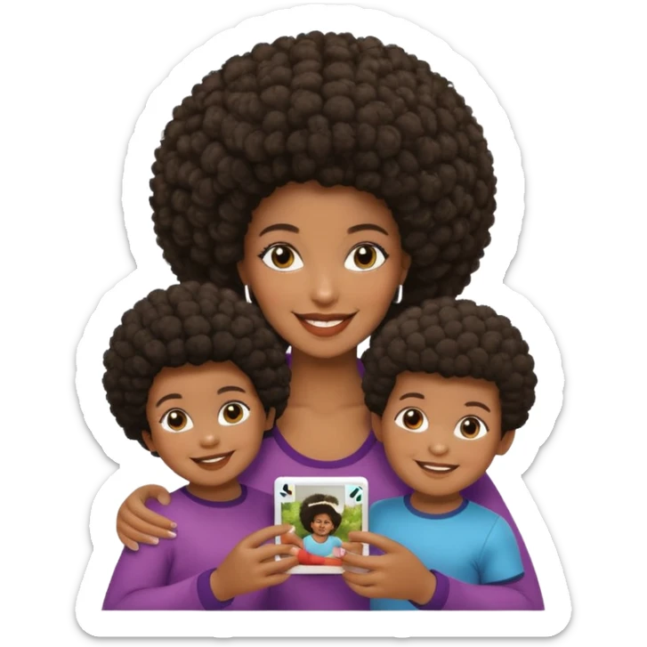 afro hair Dark Skin mom with two children, one young boy and a baby girl in polaroid picture  sticker