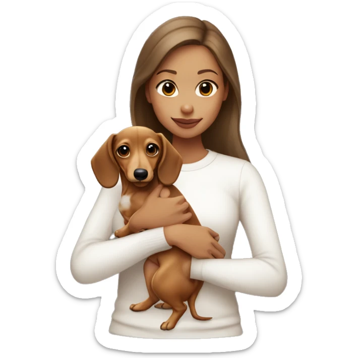 Brown haired girl with tan skin in white long sleeve holding a light blonde dachshund puppy  sticker