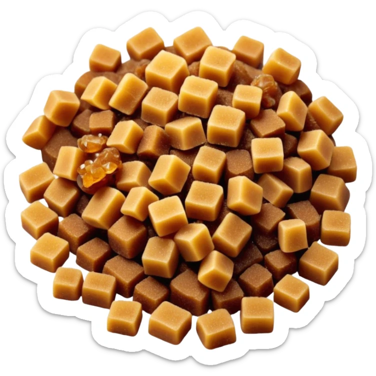 small pile or scatter of golden-brown sugar crystals, warm amber tone, slightly coarse texture, irregular matte grains, lightly clumped, natural molasses look, no spoon, bowl, or packaging, soft lighting, subtle shadows, transparent background, emoji scale sticker