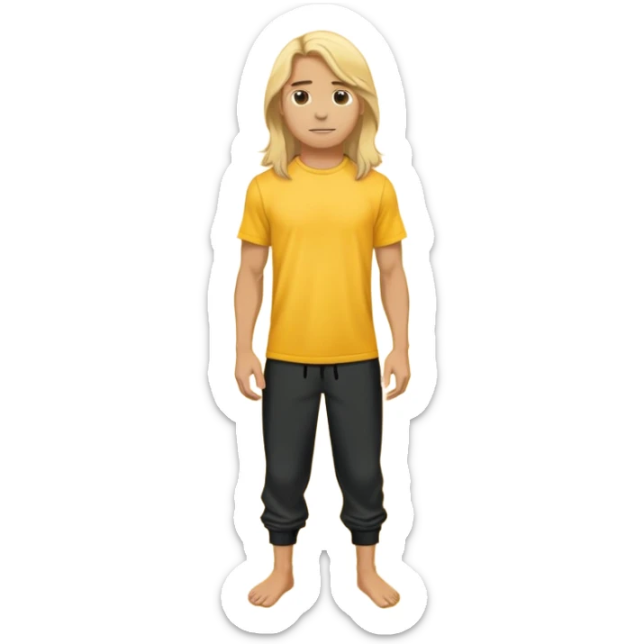Surfer with long blond hair, yellow t-shirt, black baggy sweatpants. On a yellow and white board sticker