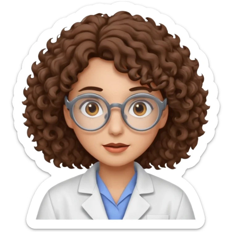 A crazy female scientist, with curly brown hair, brown eyes and grey glasses sticker