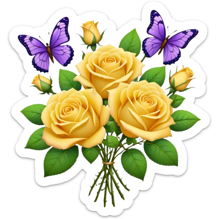 Bouquet of yellow roses. Purple butterflies are flying near it.  sticker