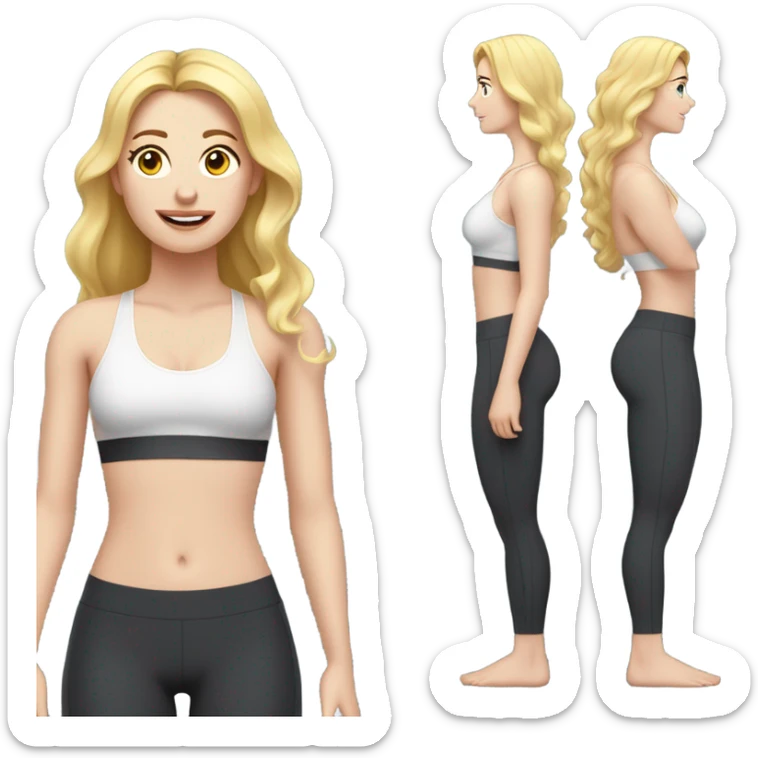 Woman, white skin, pale skin, long hair, blonde hair, wavy hair, standing, sports bra, leggings, measuring tape around waste sticker