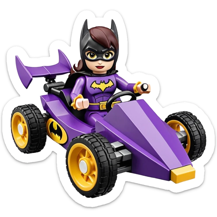 Hot full size real size-appearance electric road racing sexy BatGirl’s feminine midnight-colored tight outfit sixty’s tv show Lego dark stealthy sporty safe plush deluxe off-road pursuit cruiser car rose gold accents (black hair,reclined and relaxed torso and shoulders seating position) go kart  sticker