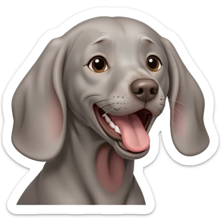 cinematic-cute-yawning-weimaraner-portrait-emoji,-head-tilted-slightly-with-a-dramatic,-wide-open-yawn,-revealing-a-sleek grey fur-with-a-subtle-shimmer,-floppy-ears-slightly-drooping,-round-brown-eyes-barely-open-in-drowsy sticker