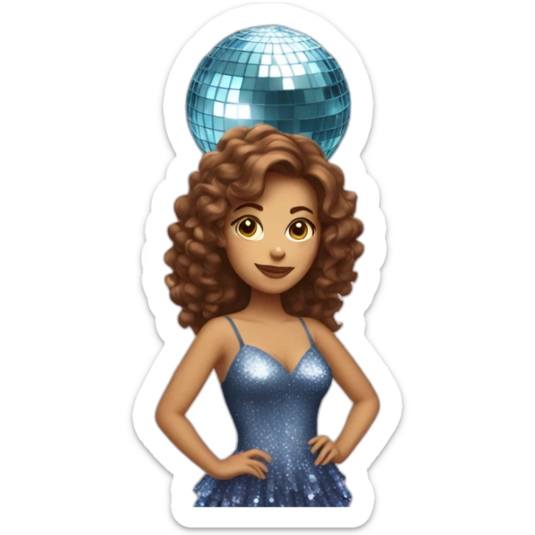 female with brown wavy hair dressed in a party dress and disco ball sticker