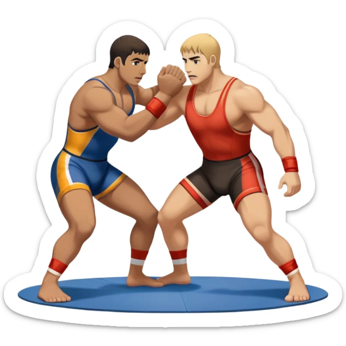 An icon symbolizing Greco-Roman wrestling, showing two wrestlers locked in a powerful grip, focusing on upper-body techniques. The background features a wrestling mat, with the athletes wearing traditional singlets. Transparent background highlights the strength and skill of the sport. sticker