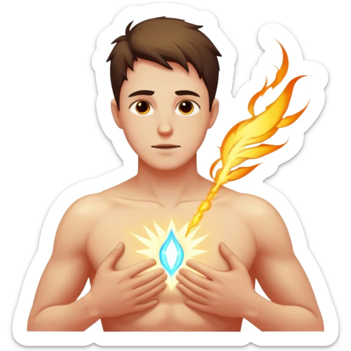 transition from a man with a spiritual pain on his chest growing up to a man with a soul glowing on his body representing his healed version karmically and using that energy to heal others sticker